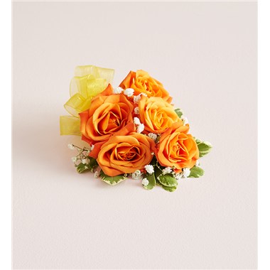 Orange Spray Rose Corsage-Yellow Bow